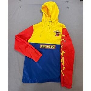 Pac Man Graphic Windbreaker Jacket Yellow Red Blue Anime Cosplay Mens Size S‎